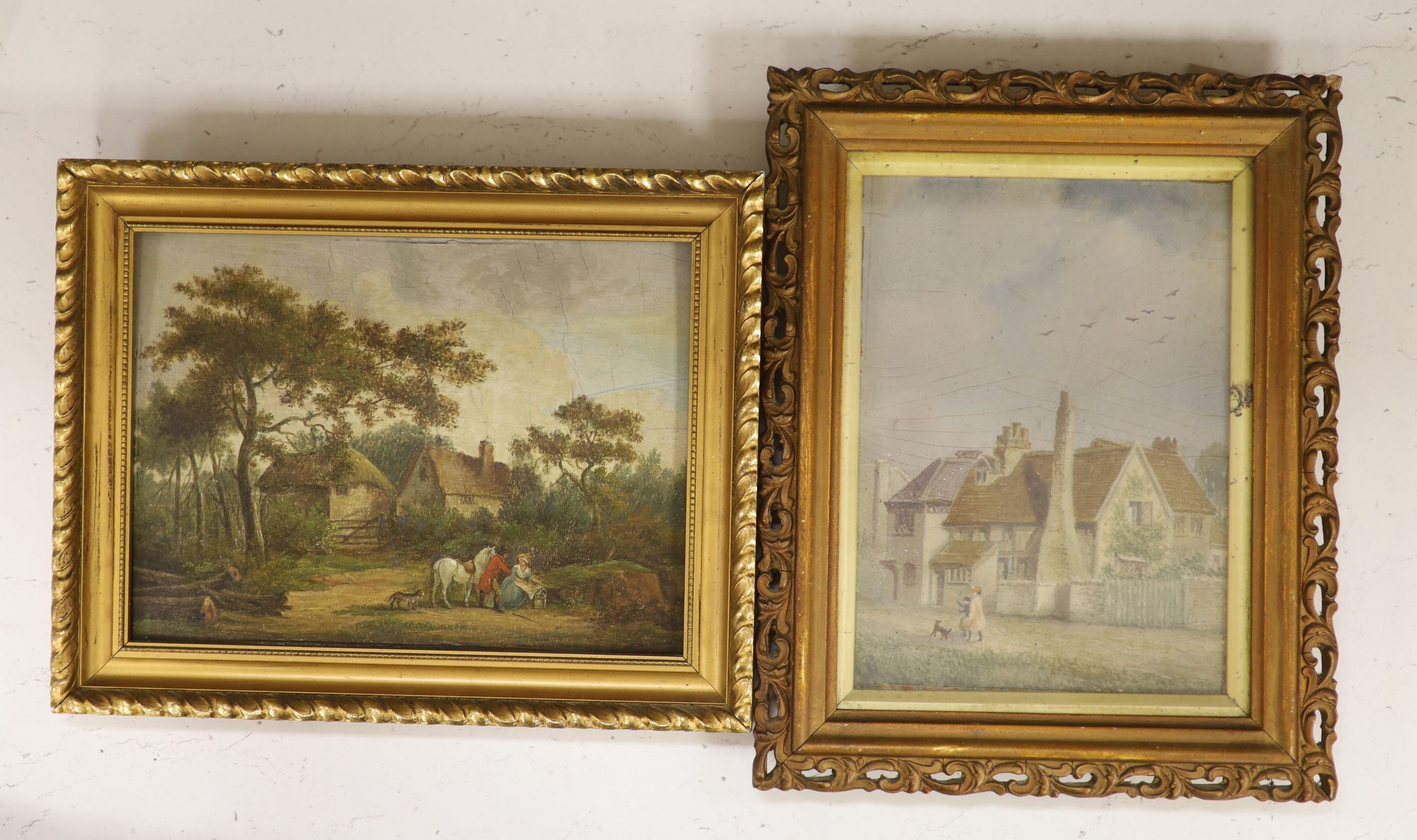 19th century Continental School, oil on wooden panel, Lovers in a landscape, 14 x 20cm and an oil of figures passing cottages, 18 x 13cm